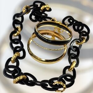 Black & Gold Chunky Link Necklace with Matching Bangle Bracelet Set – Statement